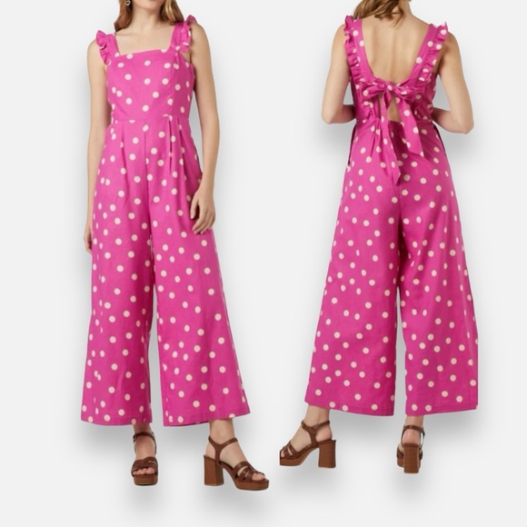 Princess Highway Pants - NWT Princess Highway Linen Polka Dot Jumpsuit Wide Leg Crop Bow Pink Ruffle 12